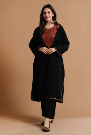 Black Kashmiri Sozni Embroidery Phiran-Free Size