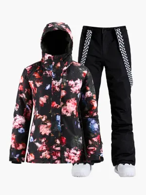 Rose Women Waterproof Colorful Snowboard Jacket Black Pants Sets Ski Suits